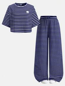 SHEIN Teen Girls Summer New Knit Striped Casual Loose Short Sleeve T-Shirt And Pants Set - Navy Blue - View 7