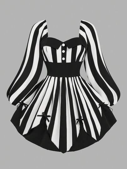 Sweetra Plus Size Women's 1950s Vintage Black And White Striped Long Sleeve Dress,Autumn Tea Party Bold Punk Dark Jester Halloween Stage Nightclub Costume