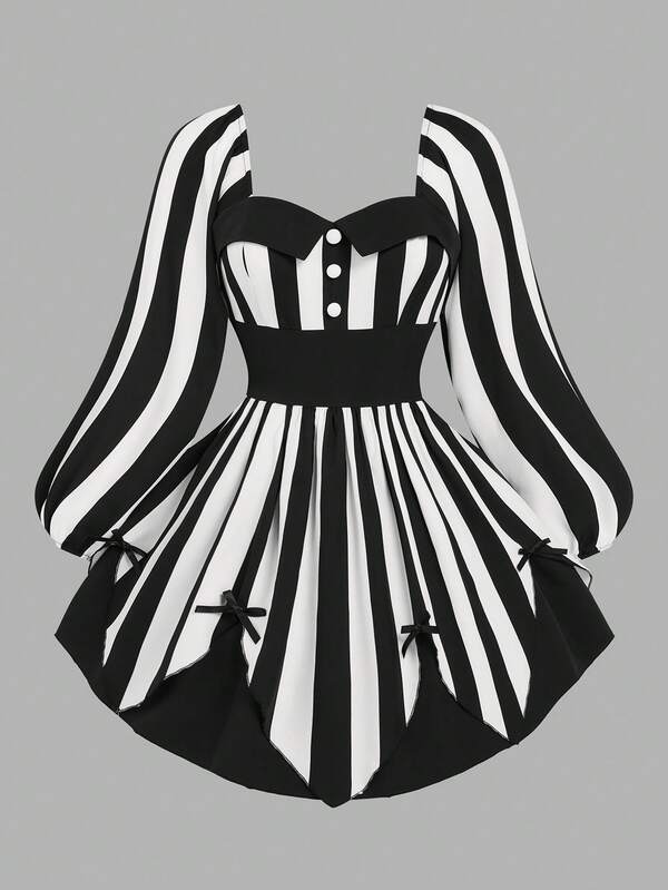 Sweetra Plus Size Women's 1950s Vintage Black And White Striped Long Sleeve Dress,Autumn Tea Party Bold Punk Dark Jester Halloween Stage Nightclub Costume