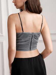 BELROSIE Summer New Grey Mesh Layered Ruffle 3D Floral Asymmetrical Pleated Design Short Camisole Tank Top For Women Elegant Sexy French Vintage Romantic Party - Grey - View 2