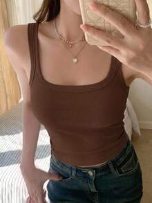 Livesso 女款純色休閒商務細肩帶背心，夏季學院風上衣，日常白天穿著，棕色 - 咖啡棕 - 查看 7