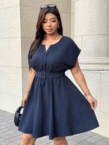 Easura Plus Size Elegant Casual Commuter Date Office Working Formal Professional Round Neck Waist-Cinching Navy Blue Knee-Length Dress Fall - Navy Blue - View 4