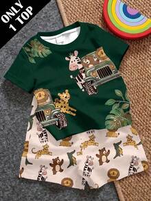 Baby Boy Casual Minimalist Cartoon Print Crew Neck Top, Suitable For Spring And Summer - Multicolor - View 1