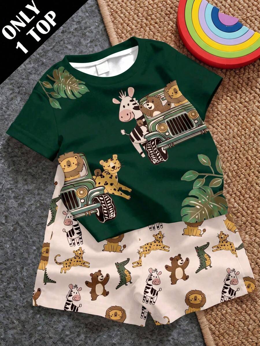 Baby Boy Casual Minimalist Cartoon Print Crew Neck Top, Suitable For Spring And Summer - Multicolor - View 1