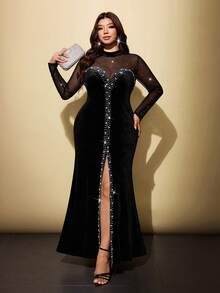 Viva Relle Đầm dài nữ size lớn phối patchwork lưới xuyên thấu đính đá rhinestone, phong cách thanh lịch lãng mạn, phù hợp cho tiệc chiêu đãi, dạ hội, tiệc tùng và các dịp khác - màu đen - Xem 6