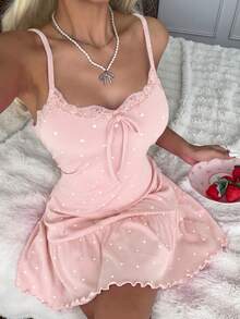 CottageSlumber Women's Knit Ribbed Heart Print Contrast Lace Trim Large Bow Ruffle Hem Romantic Sweet Sexy Cute Pink Polka Dot Camisole Nightgown Sleep Home Summer - Baby Pink - View 7