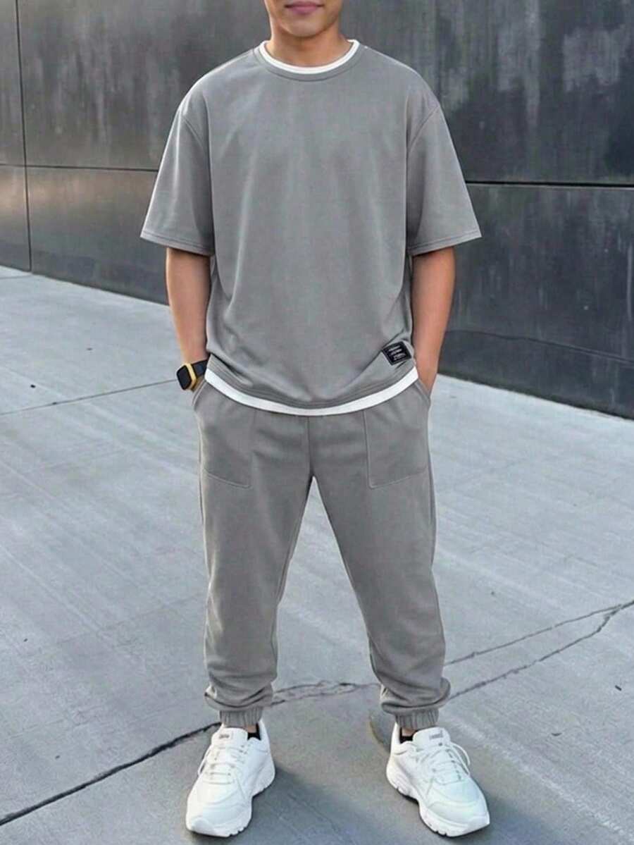 SHEIN 2件組青少年男孩休閒灰色拼色解構風2合1圓領短袖T恤與長褲套裝，附裝飾標籤，舒適面料，適合秋冬、學校、家庭聚會、開學季、生日派對、攝影、度假、假日，運動風，舒適易穿