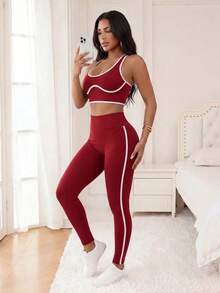SHEIN Sports 女款滾邊掛脖背心與緊身褲運動套裝 - 酒紅色 - 查看 3