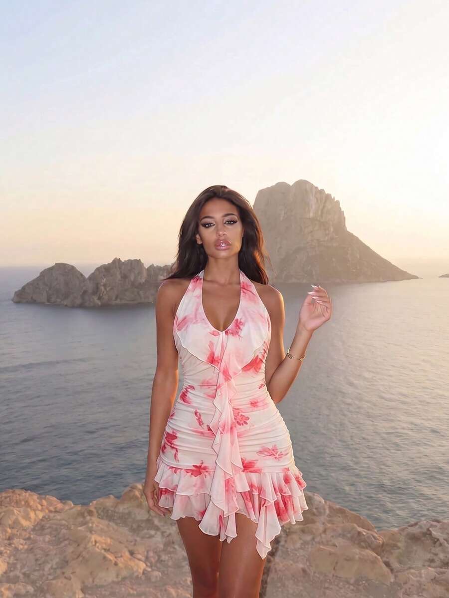 Ronhire 女款優雅性感短洋裝,夏季海灘度假V領 - 粉色 - 查看 1