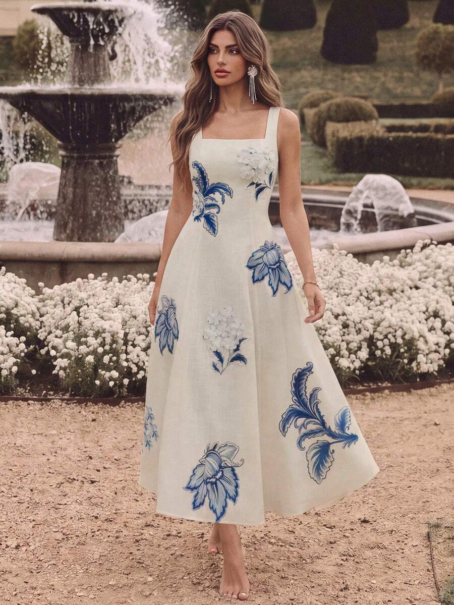Anewsta Elegant Floral Print Slip Dress With Embroidered 3D Flowers, Floor Length