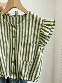 Franclia Striped Textured Round Neck Ruffle Hem Gathered Short Casual French Women's Blouse Beach Daily Green And White Summer - Multicolor - View 5