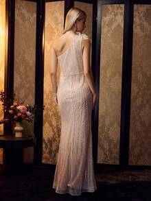 MOTF Soiréza ELEGANT WOMEN'S ONE SHOULDER BEADED MERMAID HEM MAXI GOWN WITH 3D FLOWER DETAIL FOR FORMAL PARTY - Champagne - View 4