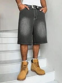 Manfinity Hypemode Shorts de Mezclilla Unisex con Diseño de Bolsa en Bolsa Estilo Hip-Hop Americano - Gris - Ver 4