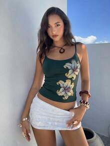 Aloruh 女款新款日常街頭風性感蕾絲與亮片拼接細肩帶背心上衣 - 墨綠色 - 查看 4