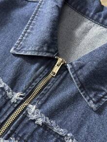 ROMWE MEN Street Life Men's Letter Patchwork Zipper Placket Short Sleeve Denim Shirt - Royal Blue - View 4