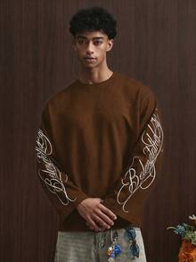 TOKVUE Men's Young Casual Vintage Font Print Long Sleeve Brown T-Shirt - Brown - View 2