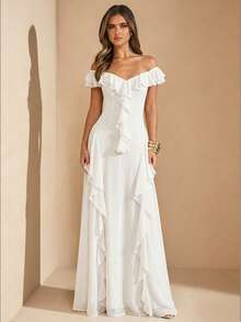 SHEIN BAE Spring/Summer Solid White V-Neck Ruffle Short Sleeve Fitted Extra Long Elegant Romantic Chiffon Dress Wedding Formal Office Official Guest Outfit - White - View 3