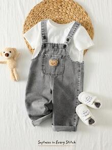 Cozy Pixies Baby Boy Summer Bear Embroidery Pocket Denim Bib Pants - Light Grey - View 2