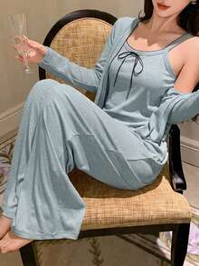 DAZY 3件組波浪邊飾領口蝴蝶結細肩帶背心短版開襟外套直筒睡褲居家服套裝 - 藍色 - 查看 3