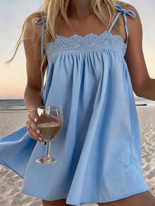 Travachic Lace Trim Patchwork Blue Doll Dress, Dress,Dresses For Women Summer - Blue - View 8