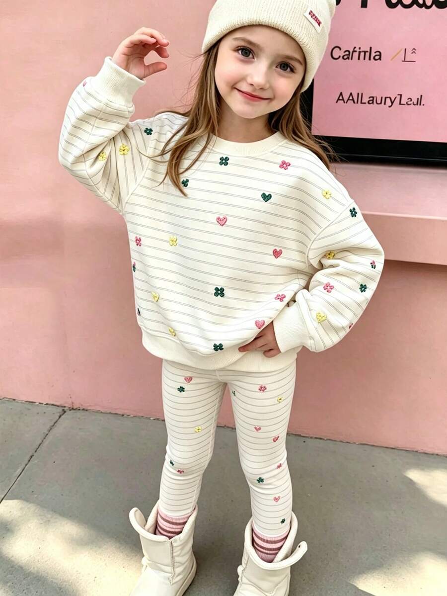Conjunto de 2 piezas para niñas jóvenes con rayas, flores coloridas y corazones, sudadera de cuello redondo y manga larga, pantalones largos de cintura elástica, atuendo casual y lindo para exteriores, estilo otoño/invierno - Multicolor - Ver 1