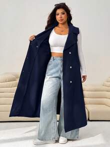 Solflare Navy Blue Casual Women's Plus Size Trench Coat Fall - Navy Blue - View 7