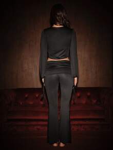 Bella Beso Minimalist Sexy Style Black 2-Piece Set Tie-Front Cardigan Ruched Waist Slimming Lace Flared Pants Hot Girl Style Loungewear - Black - View 2