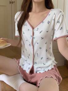 DAZY 2件組女款碎花短袖開襟上衣與短款睡褲夏季家居睡衣套裝 - 粉色 - 查看 1