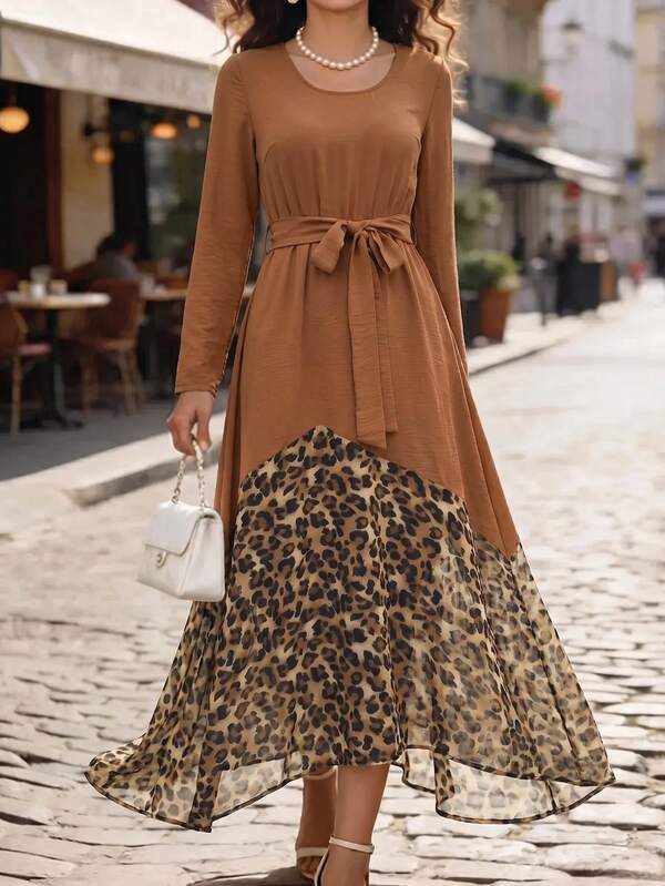 Editum Women's Round Neck Long Sleeve Patchwork Leopard Print Hem Long Dress