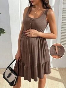 SHEIN 孕婦哺乳洋裝，附功能性鈕扣與荷葉邊下擺，棕色夏季柔軟修身優雅辦公室育兒風 - 咖啡棕 - 查看 1