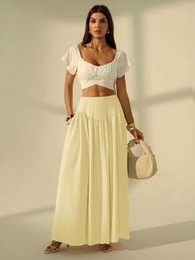 SHEIN Tall Women's Solid Color Pleated Casual Modest Versatile Daily Wear Skirt Beach Cream Autumn - Light Yellow - View 7