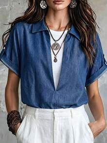 Glimmora Women's Denim Effect V-Neck Layered Top - Blue - View 1