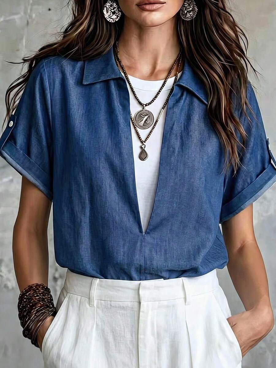 Glimmora Women's Denim Effect V-Neck Layered Top - Blue - View 1