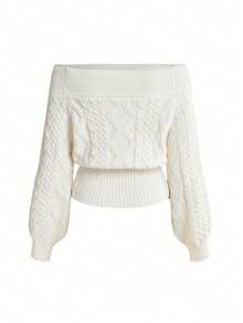 ROMWE Kawaii Autumn/Winter Christmas Off-Shoulder Embroidered Cable Knit Sweet White Women's Warm Sweater - Apricot - View 3