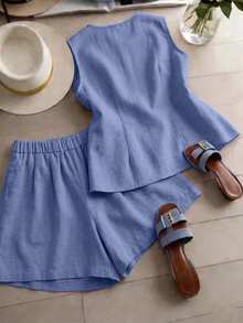 GlowEve Women's Summer Two Pieces Fashionable Trouser Set For Vacation, Travel And Commuting - Blue - View 2