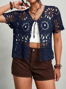 Easowa Curve Plus-Sized Women'S Summer Apricot-Colored Cut-Out Woolen Cardigan With Short Sleeves And Straps - Navy Blue - View 5