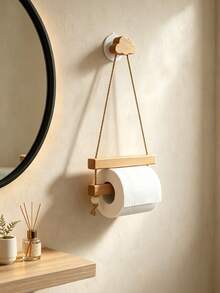 1pc Toilet Paper Holder Wall Mount - No Drilling Wooden Tissue Holder For Bathroom, Adjustable Rope Toilet Roll Holder With Cloud Hook - Multicolor - View 2