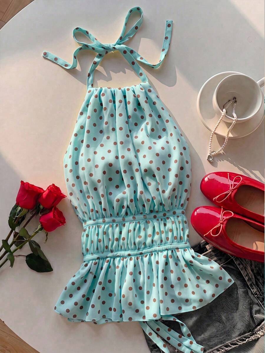 SHEIN EZwear 度假多巴胺薄荷綠波點印花百褶掛脖收腰露背綁帶背心上衣,秋季上衣,適合日常通勤、聚會、秋冬/夏季、聖誕節、新年、感恩節、派對、婚禮、海灘、畢業典禮、優雅、外出、約會、通勤、情人節、優雅、度假、Y2K、畢業典禮 - 彩色 - 查看 1