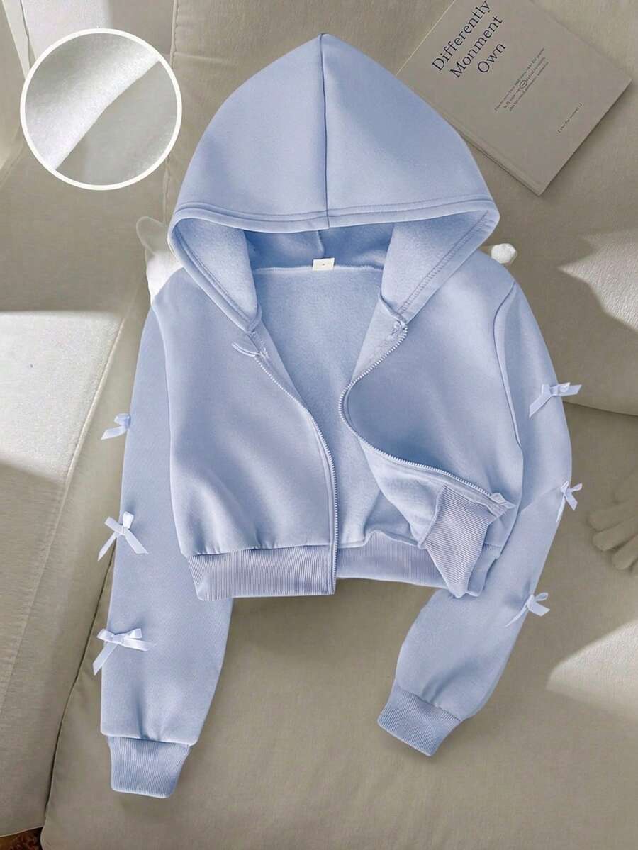 SHEIN Tween女孩寬鬆休閒極簡舒適日常街頭風短款長袖衛衣 秋季外套 白色 返校季 - 藍色 - 查看 1