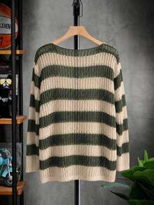 STEELVANCE Sweater Lengan Panjang Bergaris Berongga untuk Pria, Gaya Streetwear, untuk Liburan - Hijau Tentara - View 2