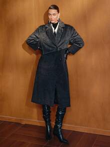 MOTF PREMIUM WOMEN'S COLORBLOCK LAPEL COLLAR OVERCOAT - Dark Grey - View 2