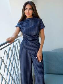 Alya Khalil 女款優雅海軍藍白條紋兩件套，夏季辦公收腰不對稱下擺襯衫與寬腿褲，時尚商務套裝 - 藍白色 - 查看 2