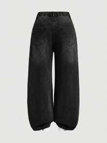 SHEIN MOD Plus Size Casual Alternative Normal Washed Wide Leg Jeans Summer Black Formal Club - Black - View 2