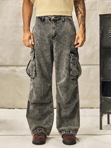 Norleigh Loose Fit Men's Flap Pocket & Side Panel Cargo Jeans (Without Belt) - Grey - View 3