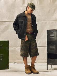 Norleigh Men's Casual Street Style Multi-Pocket Distressed Camouflage Wide Leg Denim Shorts Cargo Pants - Army Green - View 7