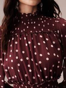 BELROSIE Autumn White Polka Dot Contrast Print Chiffon Shirred Waist Stand Collar Long Sleeve Full Skirt Women's Dress, Elegant Vintage Brunch Tea Party - Multicolor - View 2