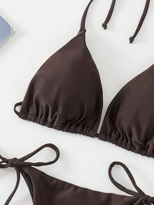 Swim Basics Solid Color Sexy Tie-Up Bikini Swimwear Set For Women, Beach Wear For Summer Beach Vacation - Coffee Brown - View 3
