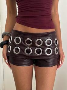 Aloruh Women's Ultra Low Waist Music Festival Hot Sexy Super Short Shorts With Rivets, Cutouts, Tie Dye PU Brown Hot Pants - Brown - View 3