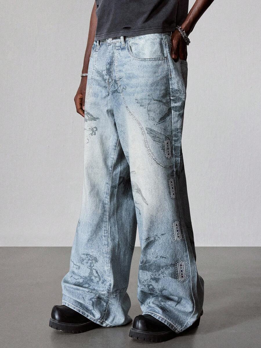 ROMWE MEN Street Life Men's Casual Washed Rhinestone Decor Flare Leg Denim Jeans - Grey - View 1