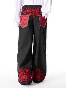 ROMWE MEN 男士刺繡圖案寬鬆牛仔長褲 - 黑色 - 查看 3